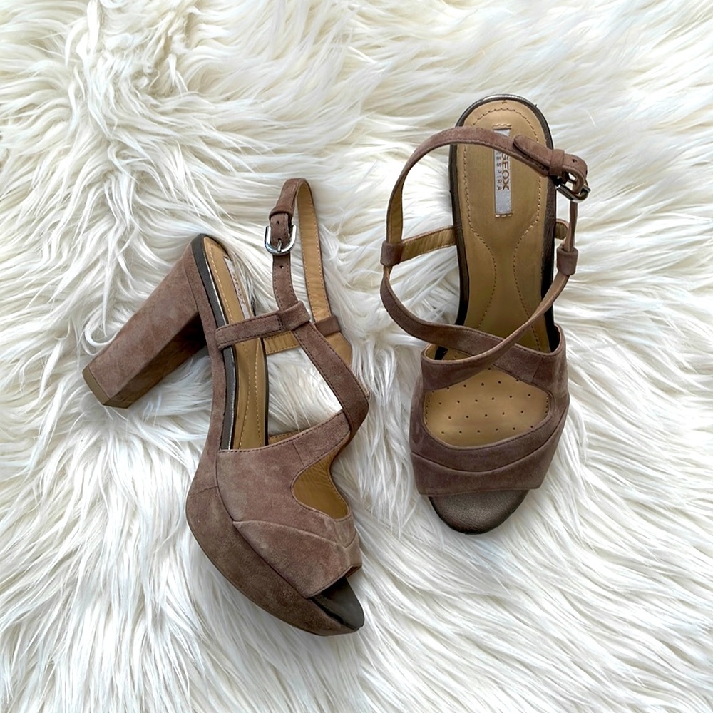 Geox Respire Leather Strappy Heeled Sandal Tan 38
